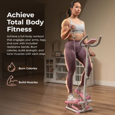 Pink Smart Stair Exercise Stepper w Handlebar & Resistance Band, Free SunnyFit App Via Bluetooth