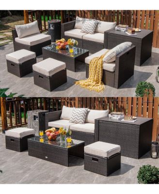 8 Pieces Patio Space-Saving Rattan Furniture Set with Storage Box and Waterproof Cover