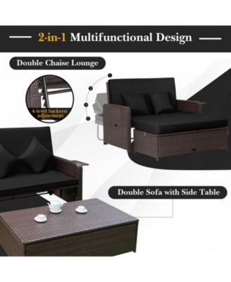 Patio Rattan Daybed with 4-Level Adjustable Backrest and Retractable Side Tray