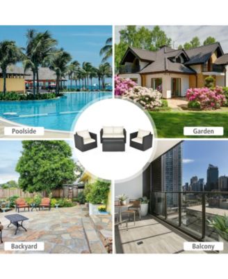 4 Pieces Patio Rattan Conversation Set with Padded Cushion and Tempered Glass Table