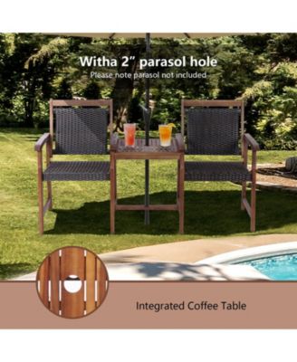 2-Seat Patio Rattan Acacia Wood Chair with Table