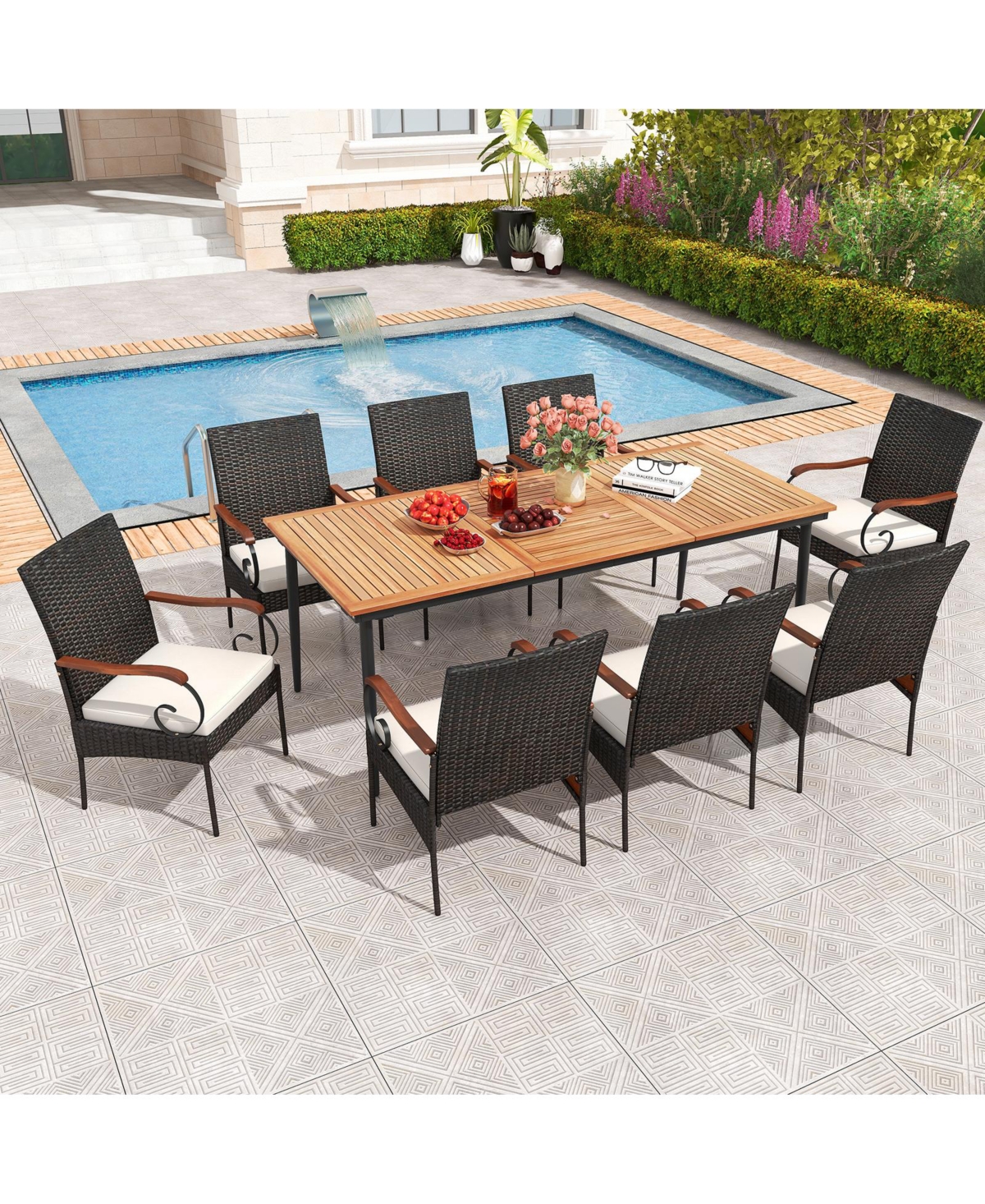 Gouun Outdoor Dining Table and 8 Rattan-woven Dining Chairs with Acacia Wood Tabletop