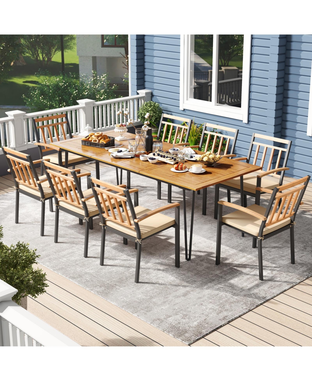 9 Pieces Patio Dining Outdoor Furniture Set with 8 Chairs and Umbrella Hole