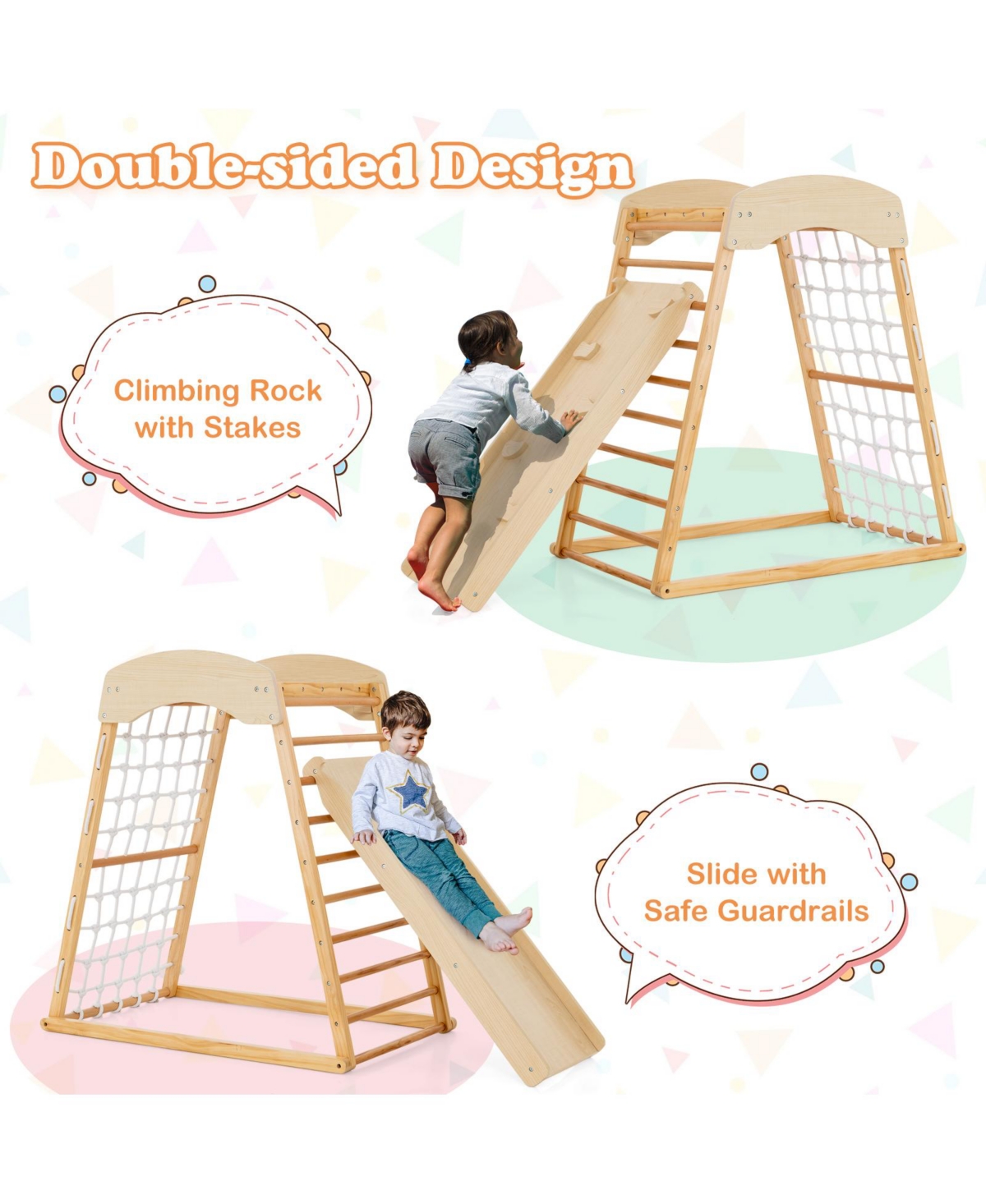 Gouun 6-in-1 Jungle Gym Wooden Indoor Playground with Double-Sided Ramp Monkey Bars