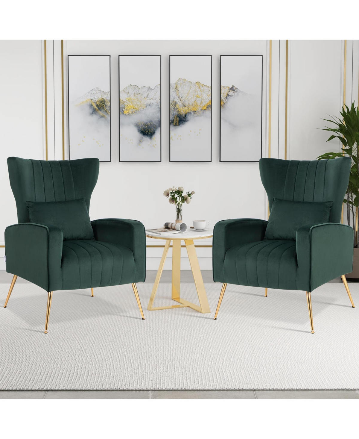 Gouun Velvet Upholstered Wingback Chair with Lumbar Pillow and Metal Legs -aqua