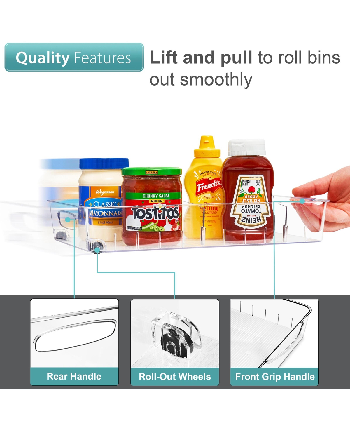 Sorbus 3 Piece Variety Flat Clear Organizing Bins on Wheels with Dividers - for Kitchen, Cabinet Organizer, Pantry & Refrigerator