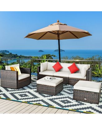 6 Pieces Patio Rattan Furniture Set with Sectional Cushion and Ottomans