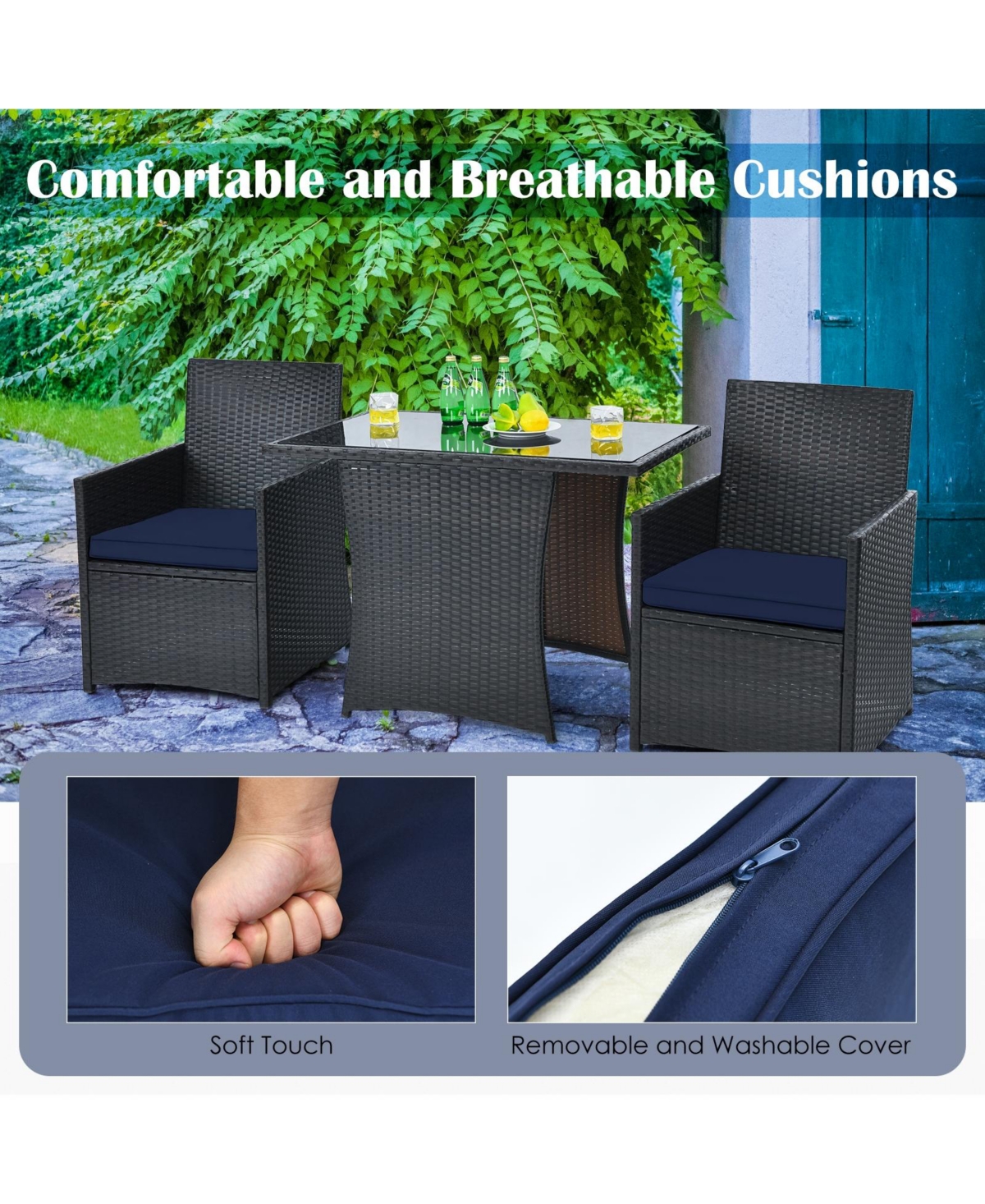 Gouun 3 Pieces Patio Rattan Furniture Set with Cushion and Sofa Armrest