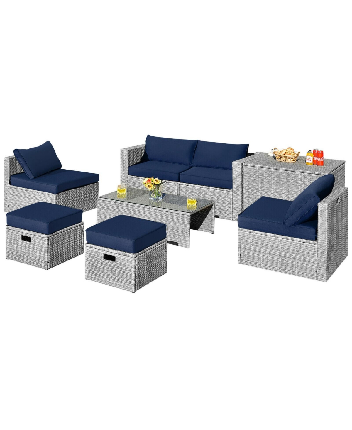 Gouun 8 Pieces Patio Rattan Furniture Set with Storage Waterproof Cover and Cushion - Navy