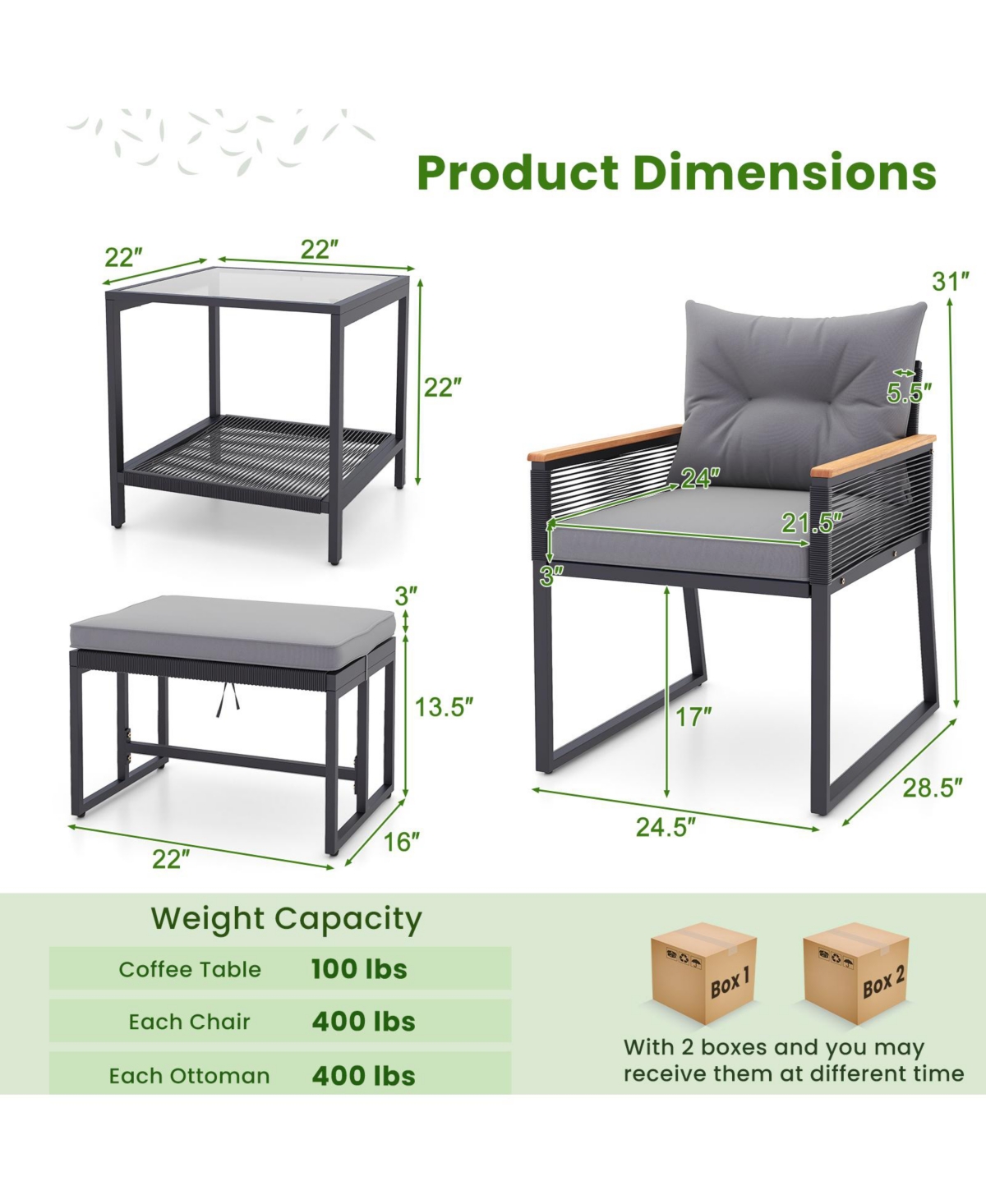 Gouun 5-Piece Outdoor Rattan Conversation Set with Cushions, Ottomans, and 2-Tier Side Table