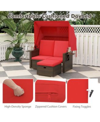 Outdoor Patio Rattan Daybed with Retractable Canopy and Adjustable Backrests