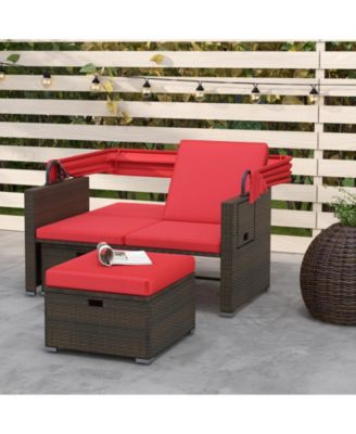 Outdoor Patio Rattan Daybed with Retractable Canopy and Adjustable Backrests