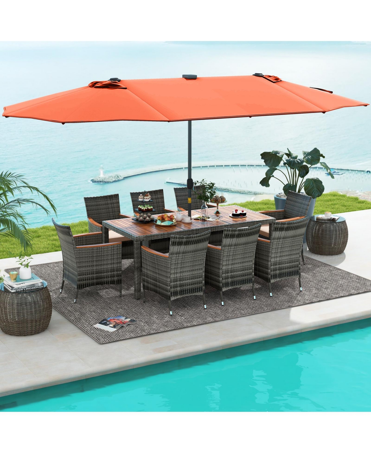 11 Pieces Patio Dining Set with 15 Feet Double-Sided Patio Umbrella Base Included