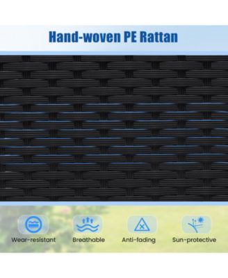 4 Piece Outdoor Dining Set with Wood Topped Dining Table Rattan Loveseat Chair and 2 Ottomans