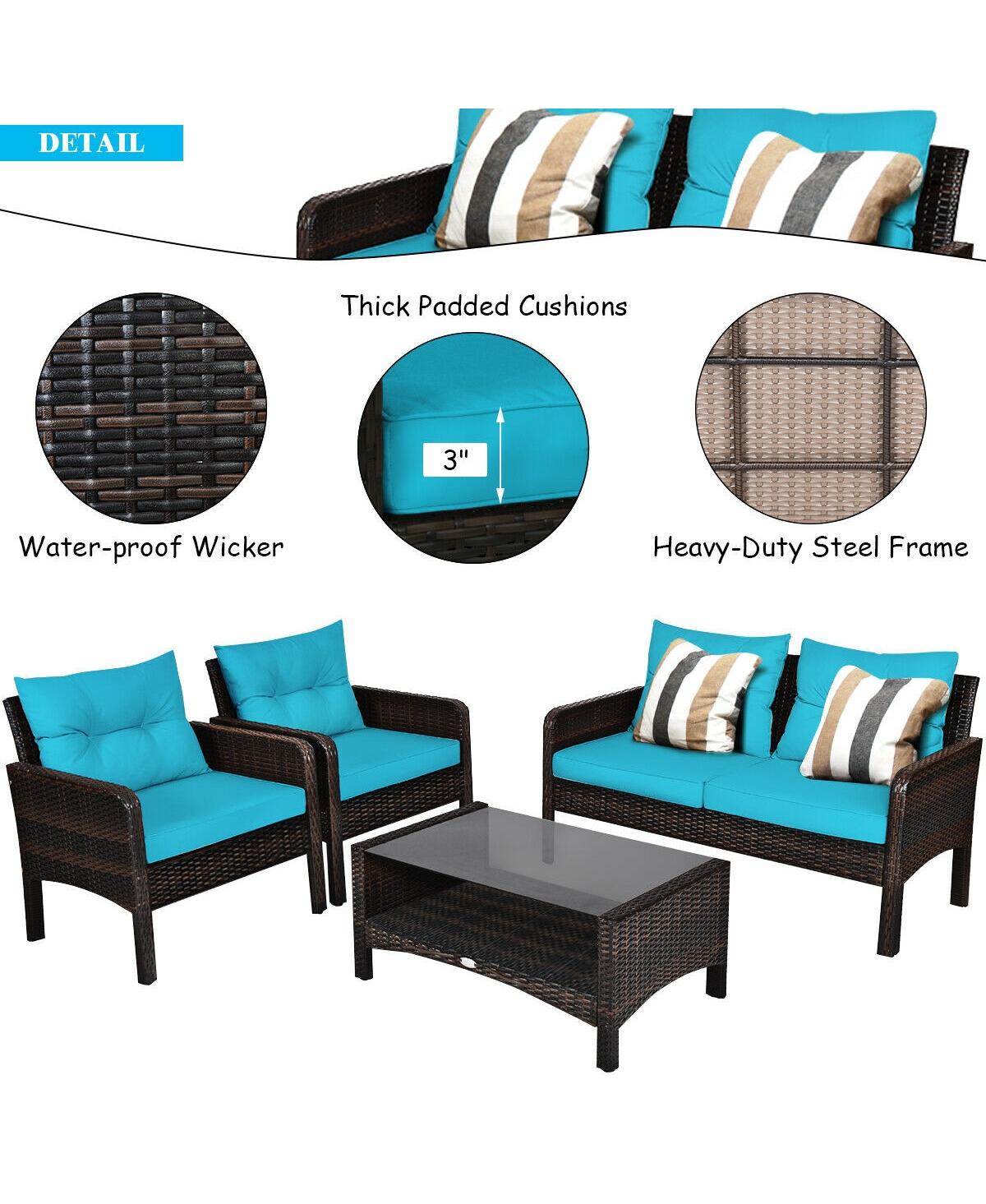 Gouun 4 Pieces Outdoor Rattan Wicker Loveseat Furniture Set with Cushions -aqua