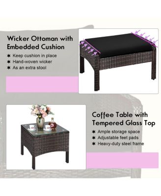 5 Pieces Patio Rattan Sofa Ottoman Furniture Set with Cushions