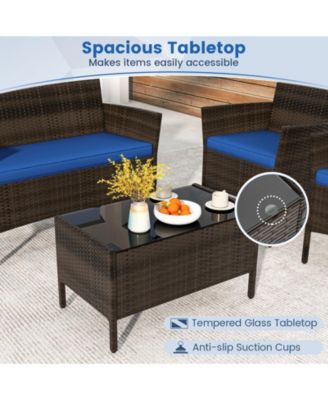 4 Piece Patio Rattan Conversation Set with Cozy Seat Cushions