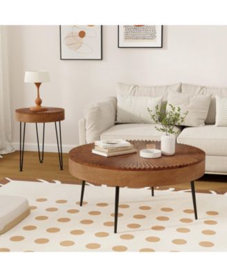 Set of 2 Boho Round Table with Solid Pine Wood Top and Metal Legs