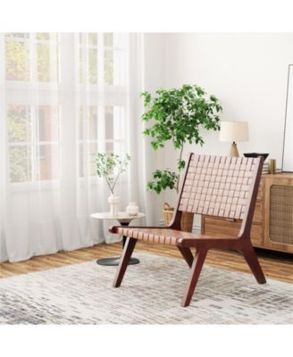 Set of 1/2 Woven Leather Accent Chairs with Wood Frame-1 Piece