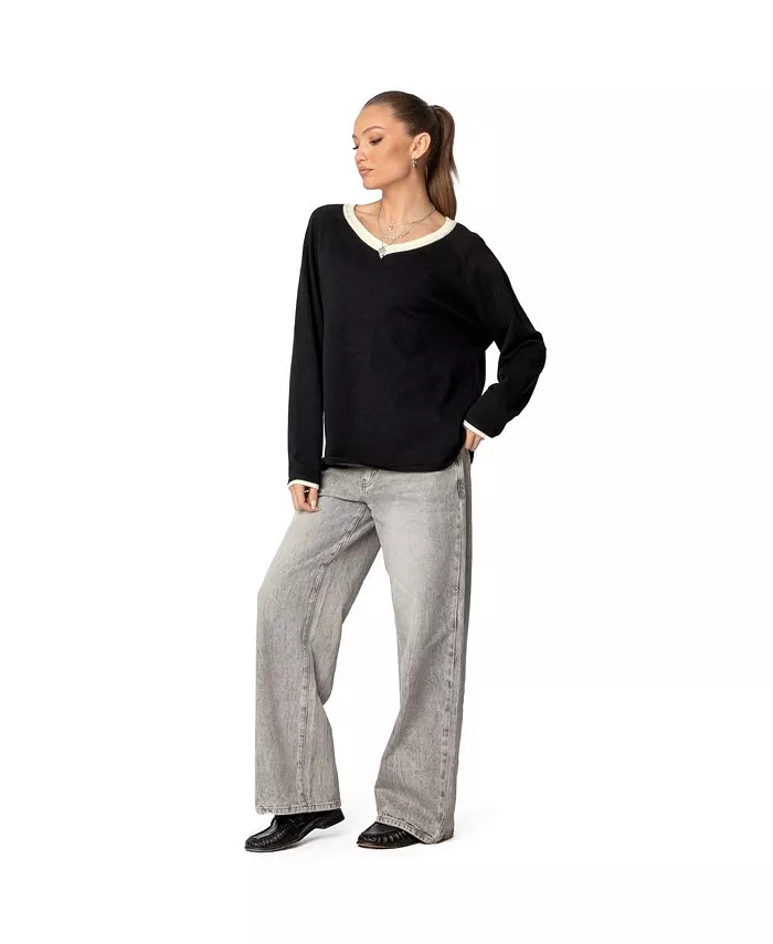 Women's Contrast V Neck Knit Sweater - thumbnail 5
