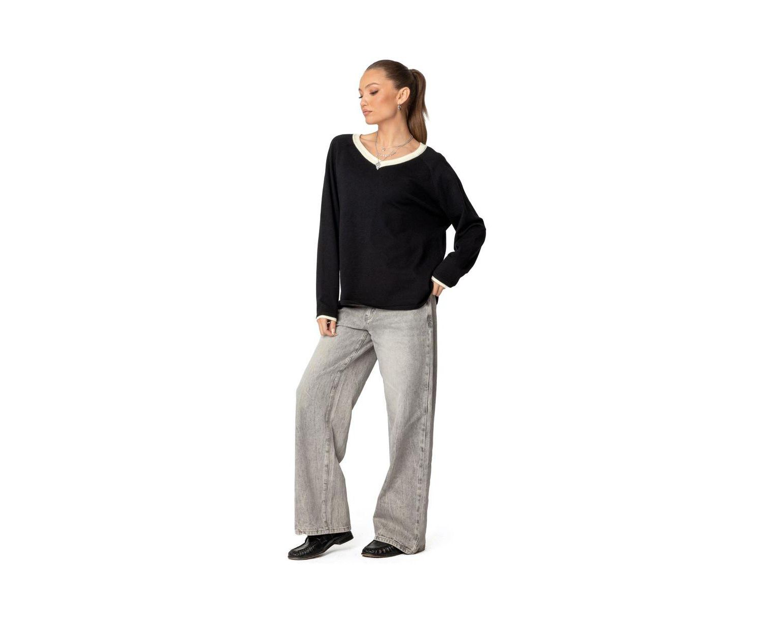 Women's Contrast V Neck Knit Sweater