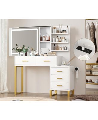 Vanity Desk with Mirror, Makeup Vanity Desk Charging Station,LED Light with 3 Lighting Modes