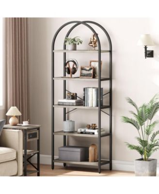 Bookshelf 5 Tier Bookcase Arched Display Racks Tall Standing Bookshelves Metal Frame Farmhouse Storage Rack Shelf Grey Book Shelf for Bedroom, Living Room, Home Office