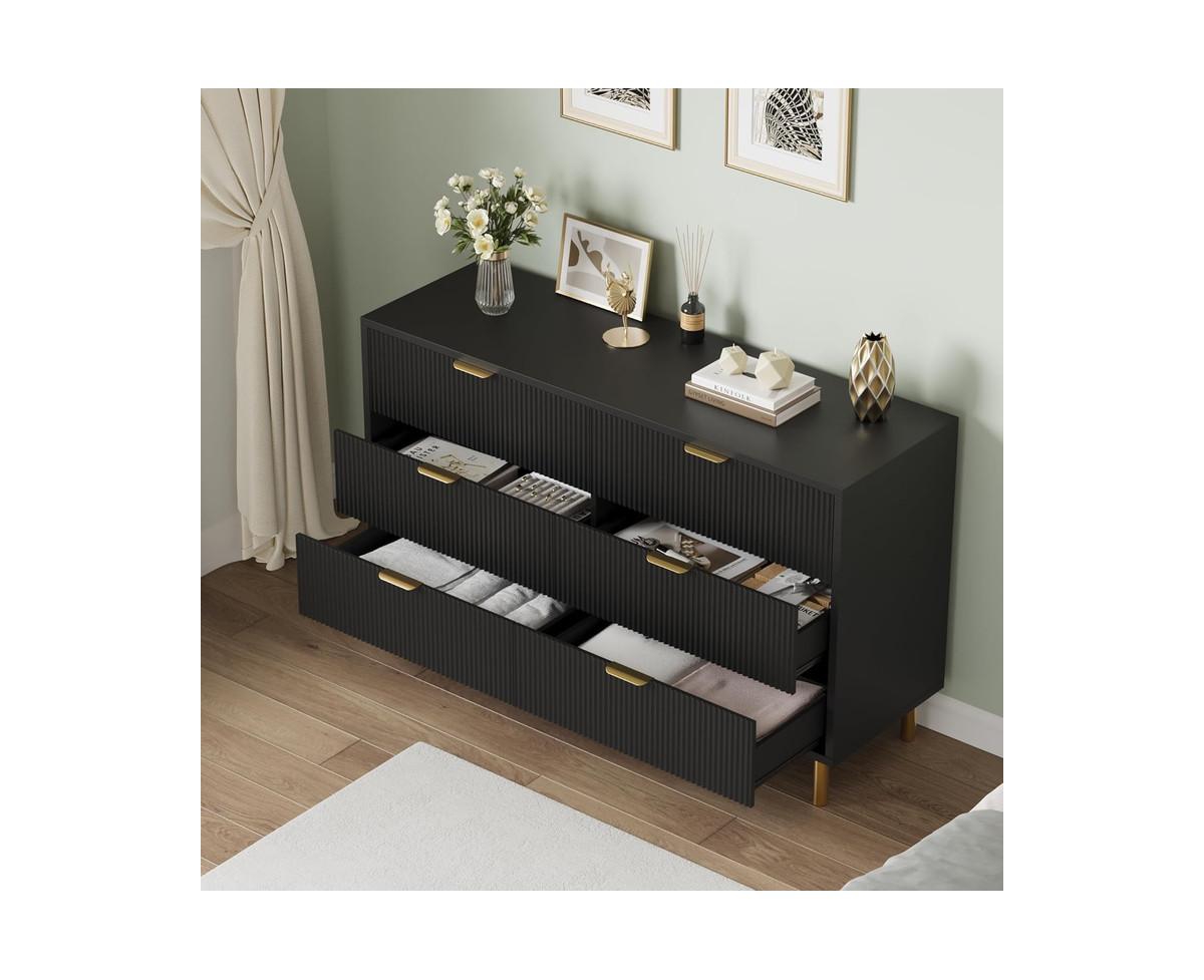 gaomon Modern 6 Drawer Dresser for Bedroom with Gold Handle and Large Drawer, Wood Double Chest of Drawers and Storage Organizer for Living Room, Hall