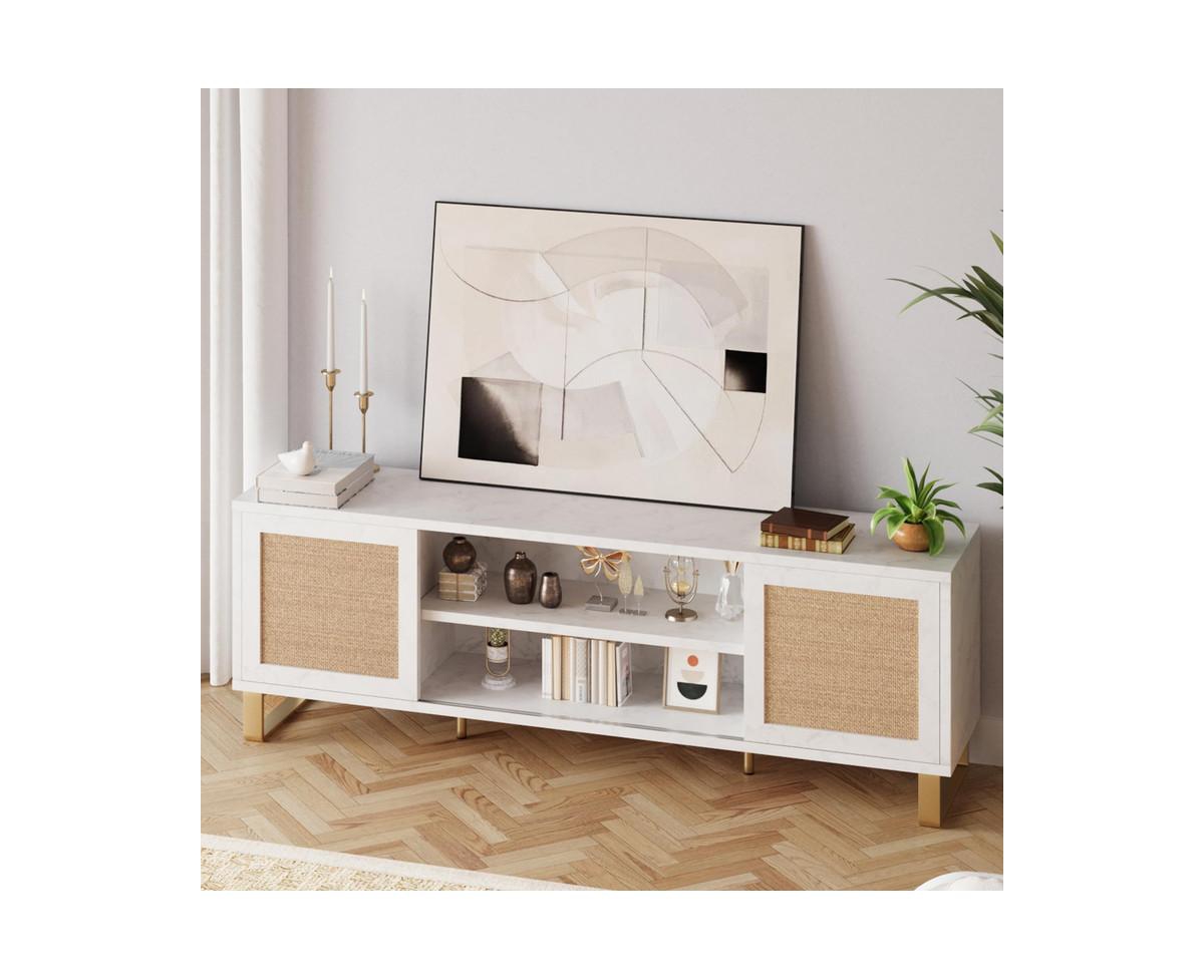 gaomon Rattan Tv Stand for 65 inch, Modern Entertainment Center with Marble Color Design, Tv Console Table with Storage, Doors and Shelves, Media Tv C