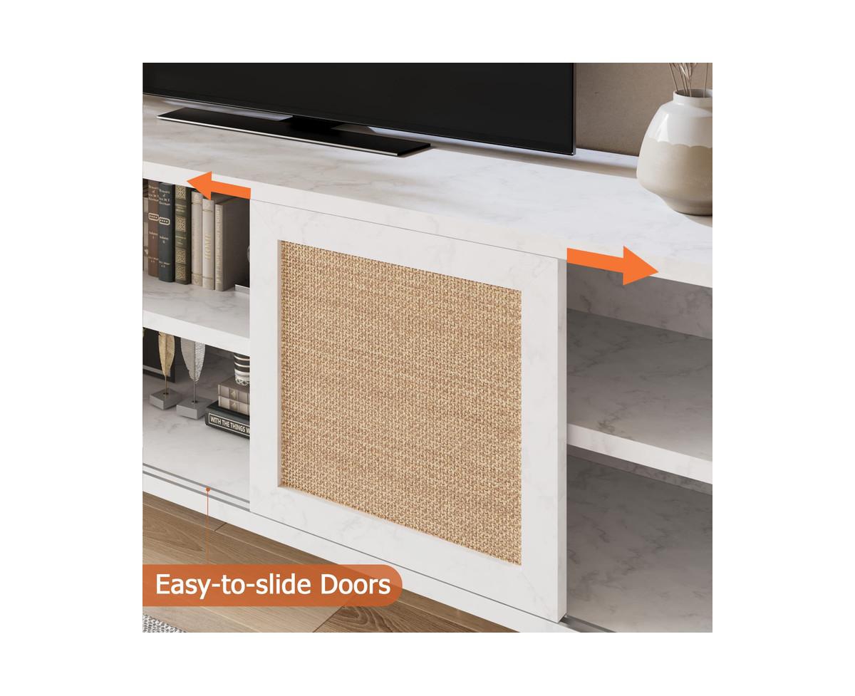 gaomon Rattan Tv Stand for 65 inch, Modern Entertainment Center with Marble Color Design, Tv Console Table with Storage, Doors and Shelves, Media Tv C