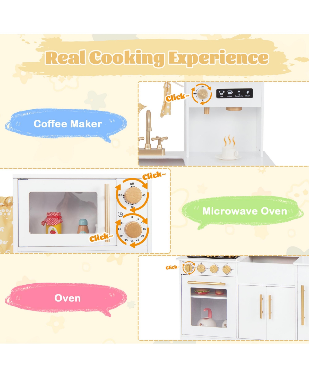 Gymax Pretend Play Kitchen for Kids w/ Coffee Maker Sink Faucet Stove Water Dispenser - White+black+golden