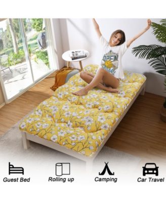 Japanese Floor Mattress, Twin Size Futon Mattress, Thick Tatami Roll-Up Mattress for Camping & Guest Room, Yellow Flower Design