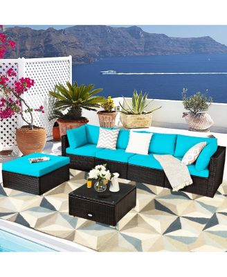 6 Pieces Outdoor Patio Rattan Furniture Set Sofa Ottoman