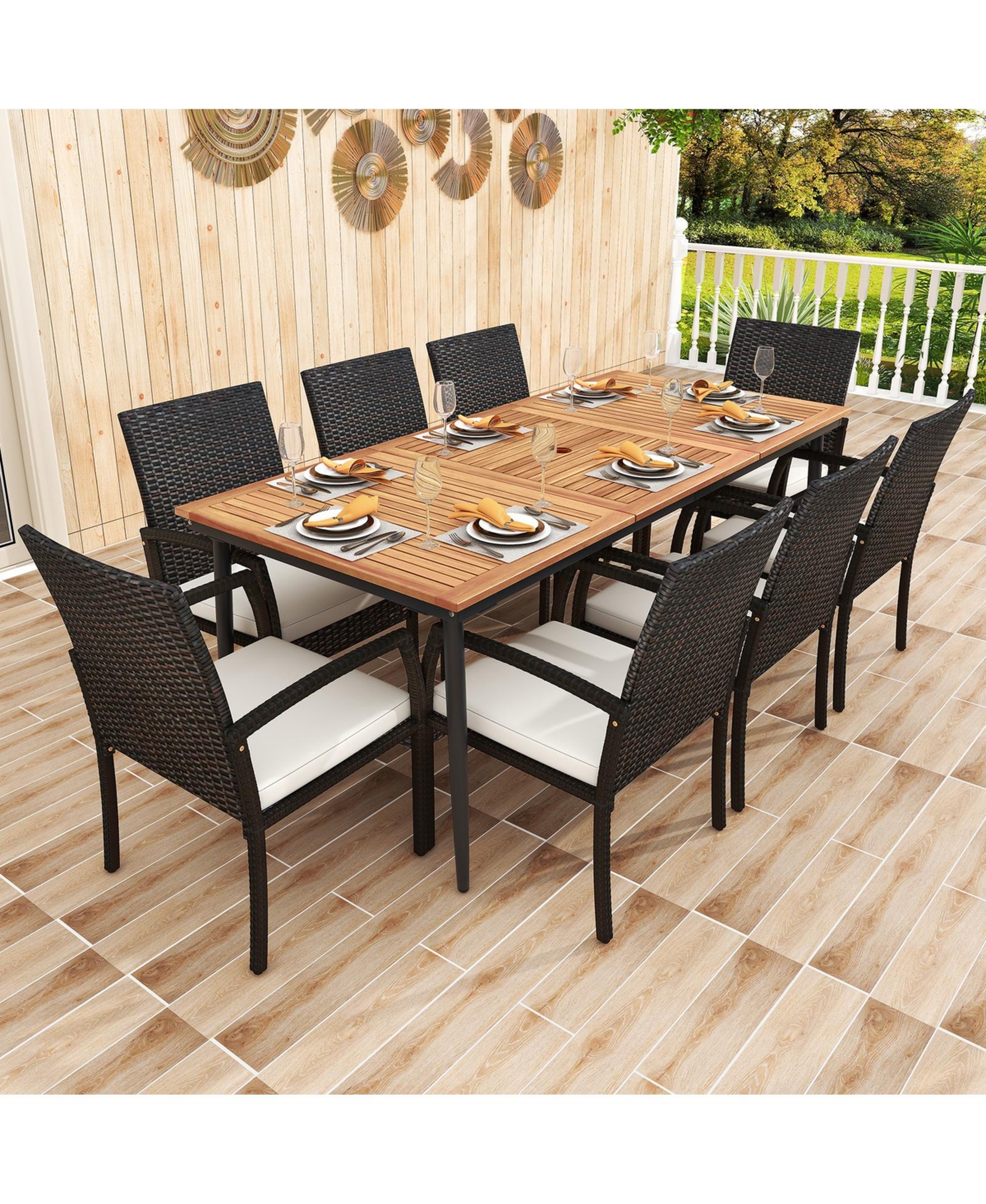 9-Piece Patio Dining Set with Umbrella Hole and 8 Rattan-woven Dining Chairs with Seat Cushions