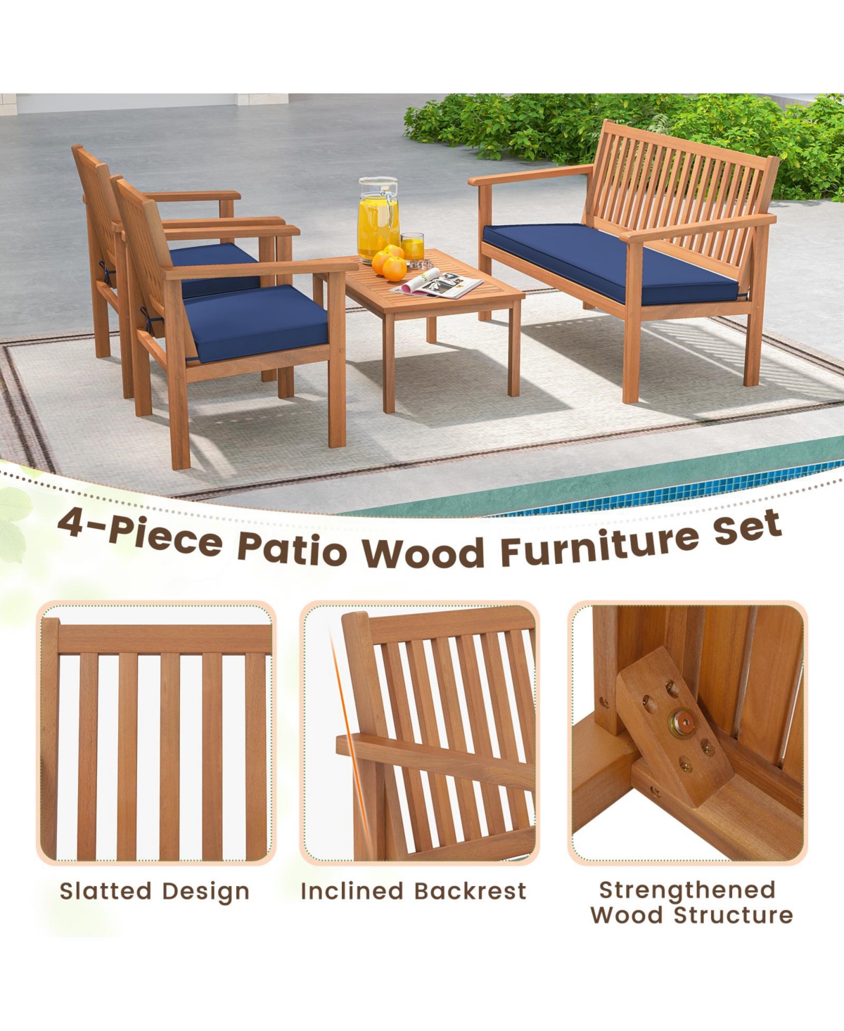 Gouun 4 Piece Patio Wood Furniture Set Acacia Wood Sofa Set with Loveseat