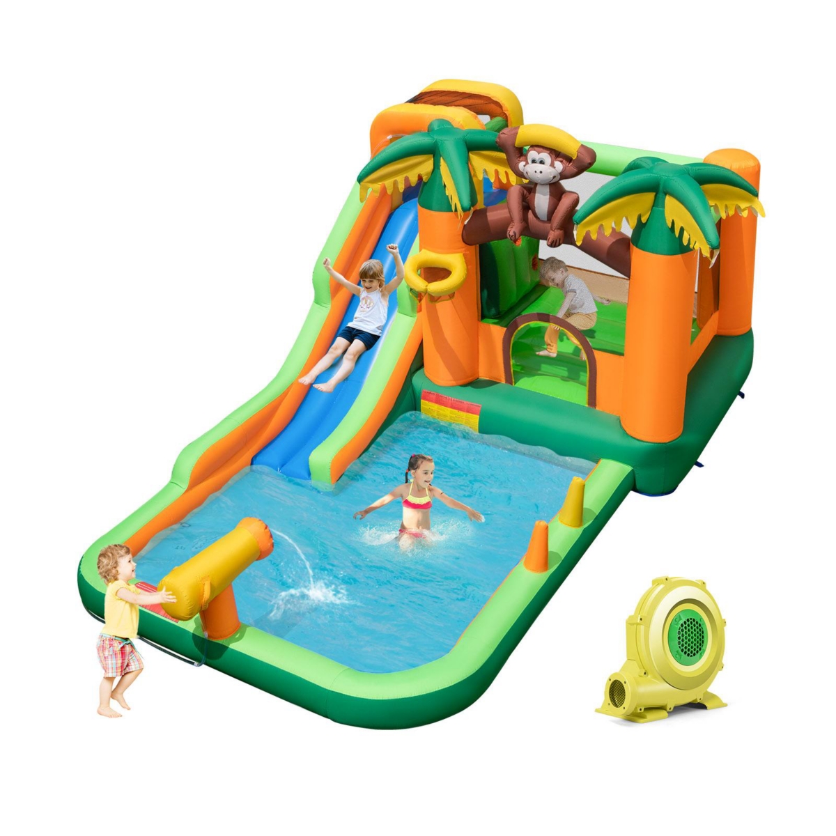 Gouun Monkey-Themed Inflatable Water Slide with Jumping Area and Pool with 680W Blower