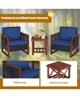 3 Pieces Patio Wicker Furniture Set with Acacia Wood Table and Washable Cushion