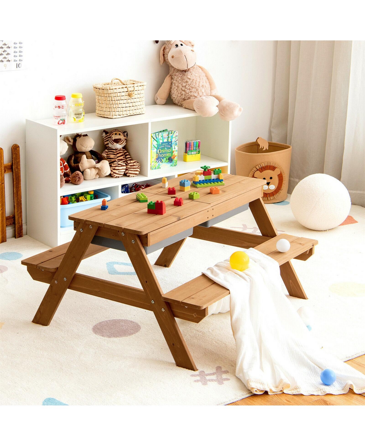 Gouun 3-in-1 Kids Outdoor Picnic Water Sand Table with Umbrella Play Boxes