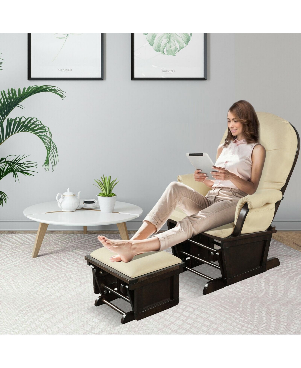 Gouun Wood Baby Glider and Ottoman Cushion Set with Padded Armrests for Nursing -khaki