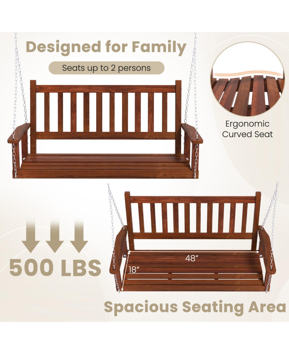 Gouun 2-Person Wooden Outdoor Porch Swing with lbs Weight Capacity