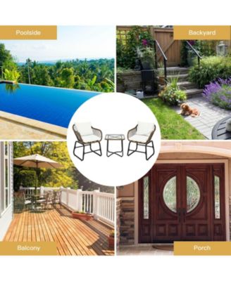 3 Pieces Patio Rattan Bistro Set Cushioned Chair Glass Table Deck