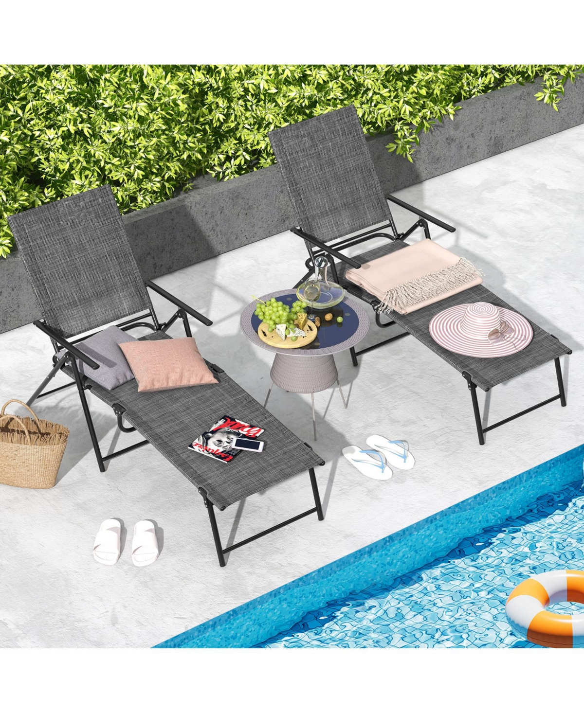 Gouun 2 Piece Patio Folding Chaise Lounge Chairs Recliner with 6-Level Backrest
