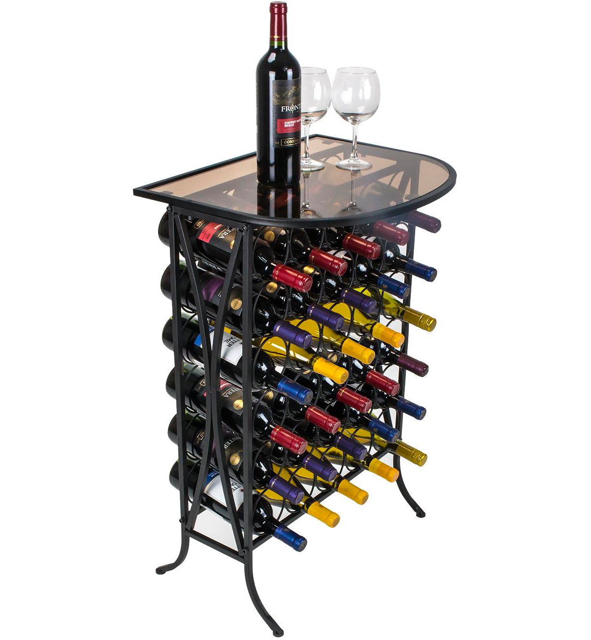 Wine Rack Stand Bordeaux Chateau Style with Glass Table - Holds 30 Bottles - Black