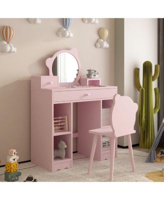 Kids Wooden Play Vanity Set with Vanity Table, Mirror