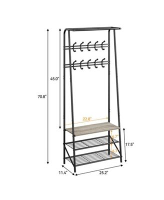Coat Rack Shoe Bench with 10 Hooks, Hall Trees Entryway Bench with Storage, Multifunctional Hallway Organizer, Wood Look Accent Furniture with Metal Frame