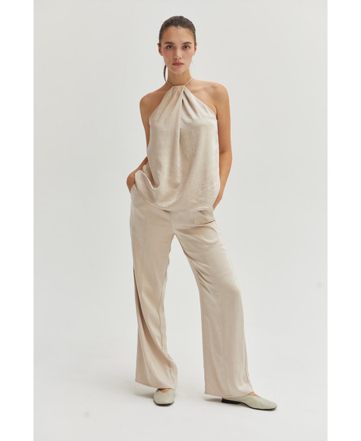 Crescent Women's Piper Pull-On Satin Trousers - Light biege + cream