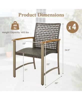Outdoor Rattan Chair Set of 4 Patio PE Wicker Dining Chairs w/ Acacia Wood Armrests Balcony Poolside