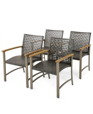 Outdoor Rattan Chair Set of 4 Patio PE Wicker Dining Chairs w/ Acacia Wood Armrests Balcony Poolside