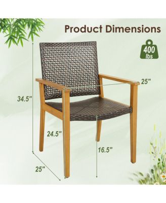 Outdoor Rattan Chair Set of 4 Patio PE Wicker Dining Chairs w/ Sturdy Acacia Wood Frame