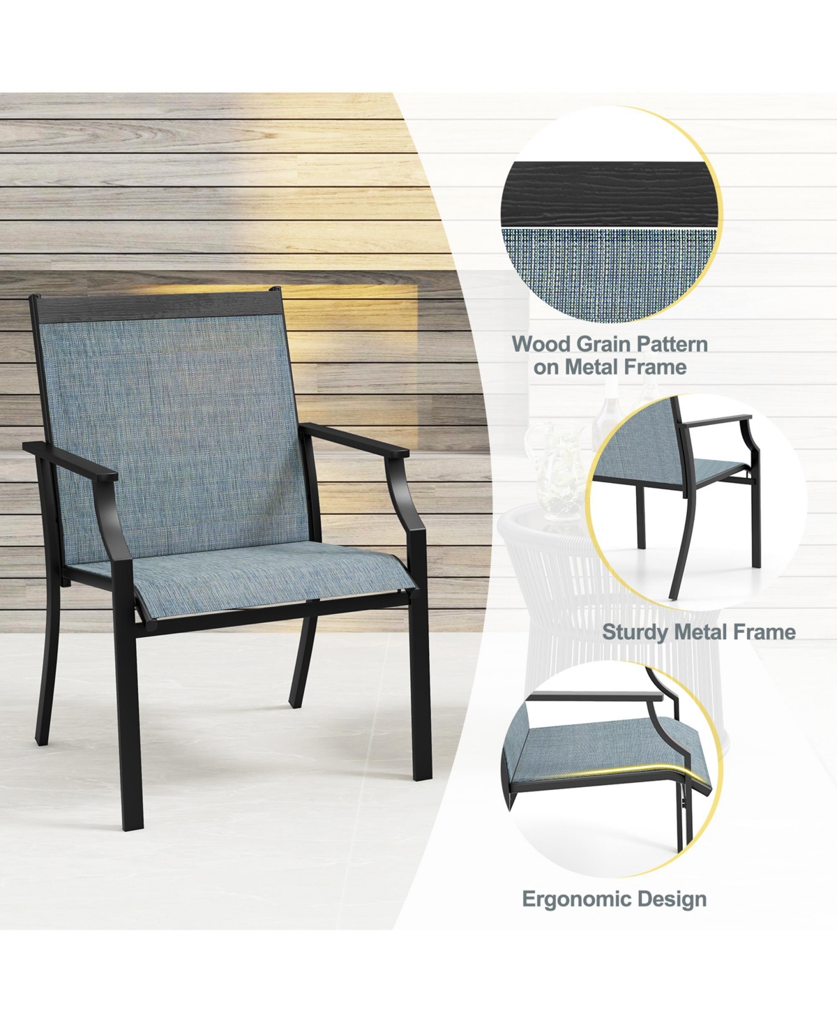 Gymax Set of 2 Patio Dining Chairs Outdoor Armchairs w/ Sturdy Metal Frame Blue - Blue+black